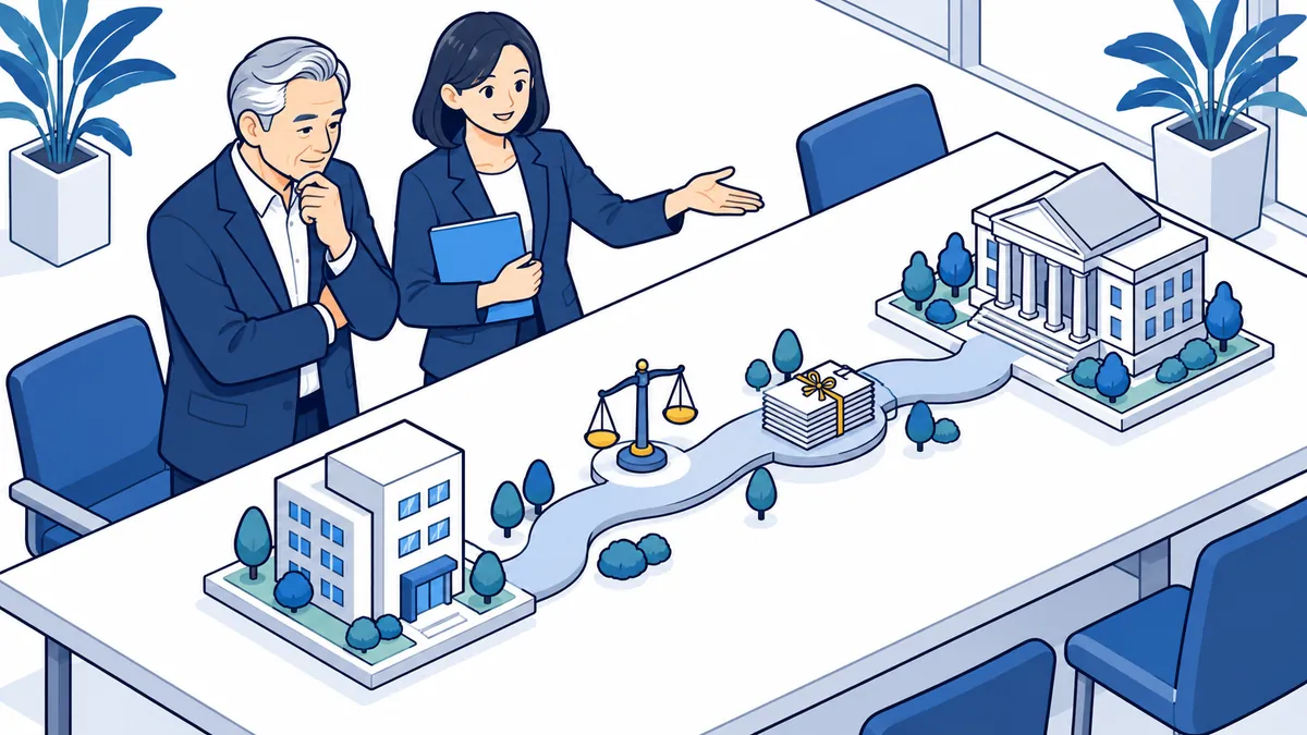 会社の模型と公的な建物の模型をつなぐ道を案内役が手で示し、社長が見つめているアイソメトリックのイラスト