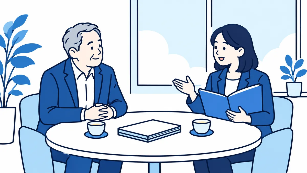 小さな相談室で、案内役が青いファイルを開いて説明し、社長がうなずきながら聞いている場面