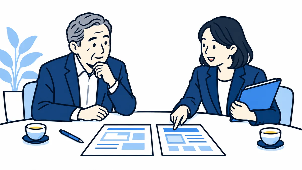 社長が机の上の2枚の資料を見比べ、向かいの案内役が片方を示しながら説明している場面