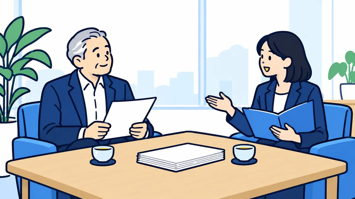 応接室のテーブルで、社長が書類を手に、案内役の説明にうなずいている場面