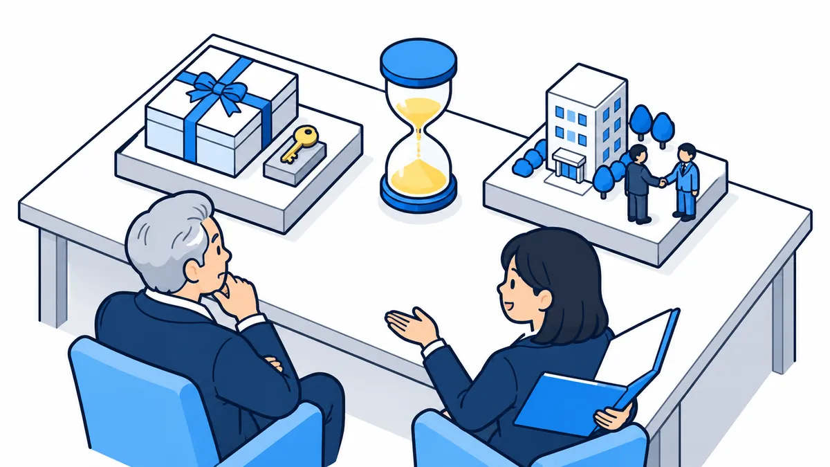 机の上の砂時計をはさんで、リボンで結んだ書類の箱と会社の建物の模型が並び、社長と案内役がその2つを見比べているアイソメトリックのイラスト