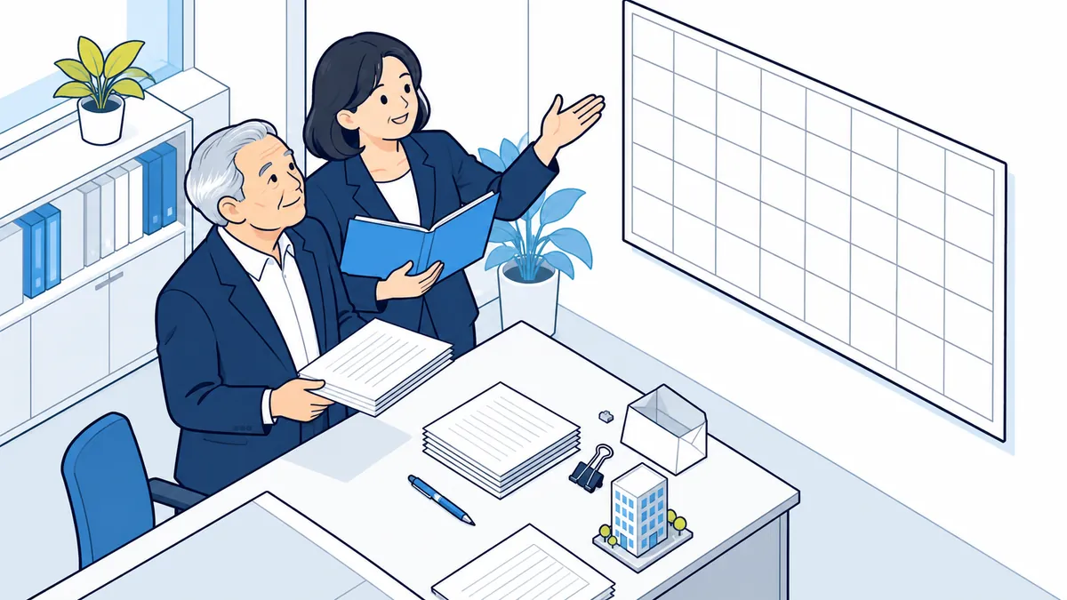 壁の大きなカレンダーの前で、社長が書類の束を手に取り、案内役が青いファイルを開いてカレンダーを示しているアイソメトリックのイラスト