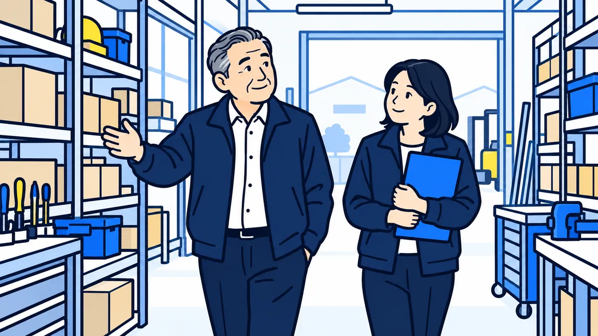 倉庫兼作業場の通路を、社長と案内役が並んで歩きながら、これからの会社のことを話している場面