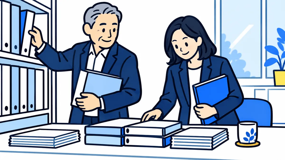 社長が棚から書類のファイルを出して机に並べ、隣で案内役が一緒に確かめている場面