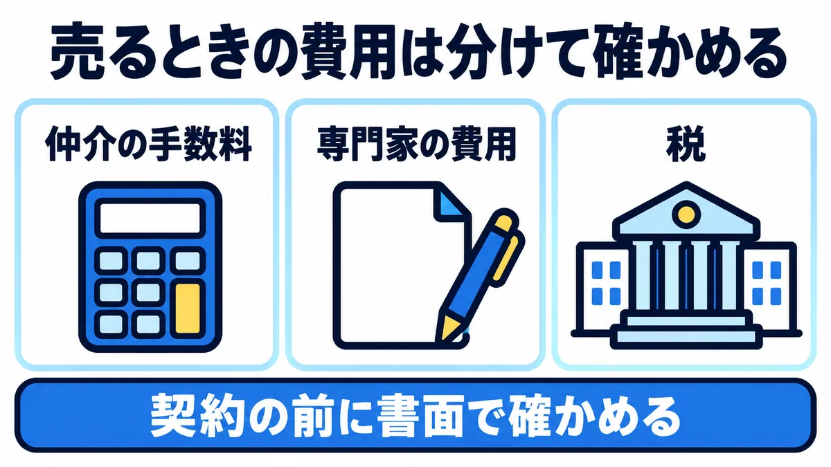 売るときの費用を、仲介の手数料・専門家の費用・税に分けて、契約の前に書面で確かめることを示した図