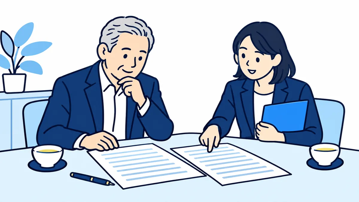 社長が説明の書面と契約書の案を落ち着いて読み比べ、向かいの案内役が書面の一か所を示している場面