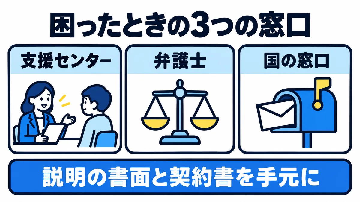 困ったときの3つの窓口（支援センター・弁護士・国の窓口）と、説明の書面と契約書を手元に残しておくことを示した図