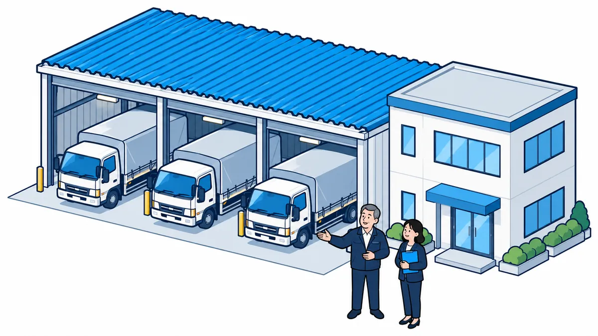 トラックが並ぶ明るい車庫の前で、社長がトラックを示し、案内役が話を聞いているアイソメトリックのイラスト