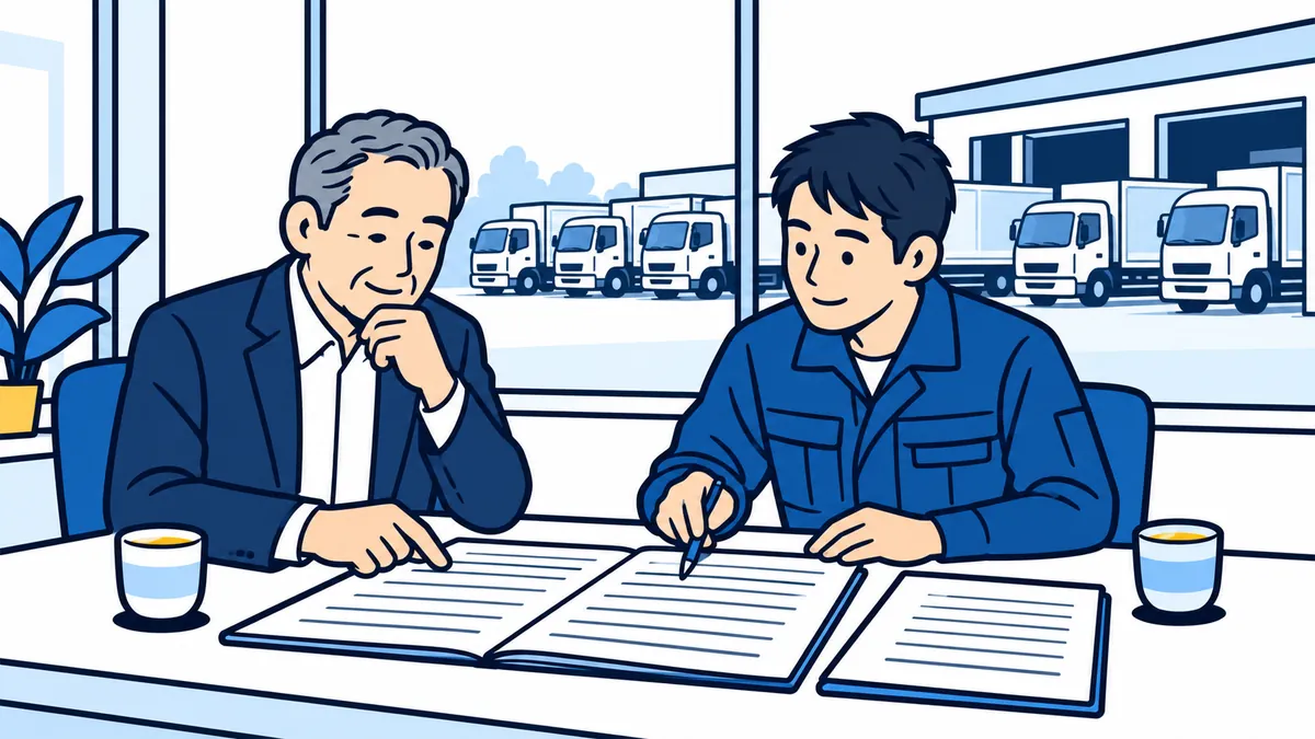運送会社の事務所で、社長と運行管理者が記録を一緒に確かめ、窓の外にトラックが並んでいる場面